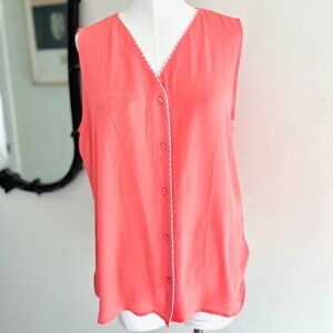 Calvin Klein Coral Sleeveless Button Down Shirt with Striped  Piping NWT